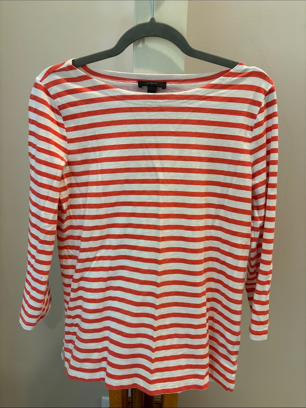 J. Crew Coral and White Striped Boatneck Long Sleeve Top